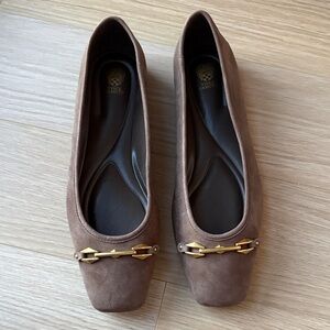 Brown Suede Ballet Flats with Gold Chain Accent
